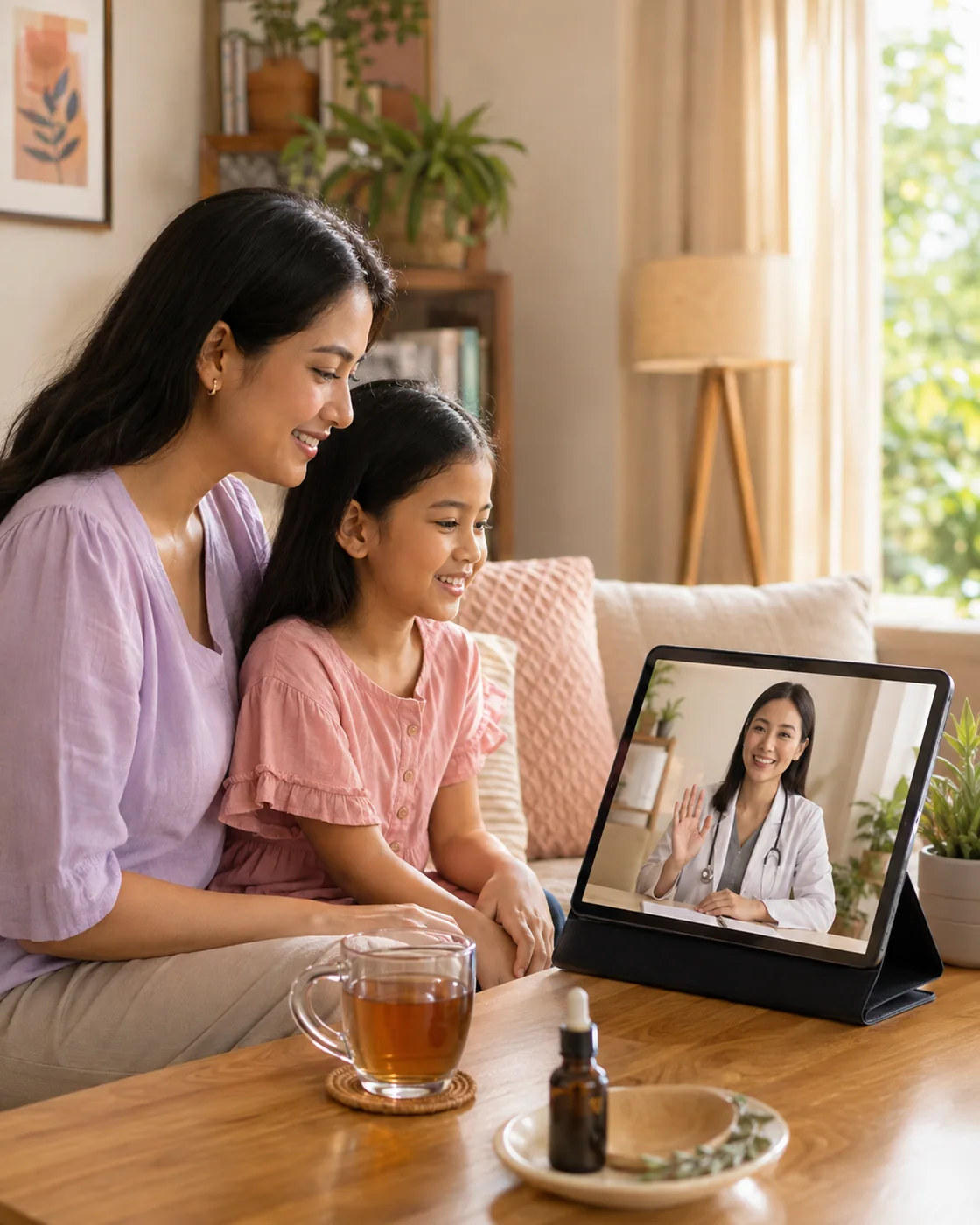 A parent and child at home on a video consultation with a Palmer clinician